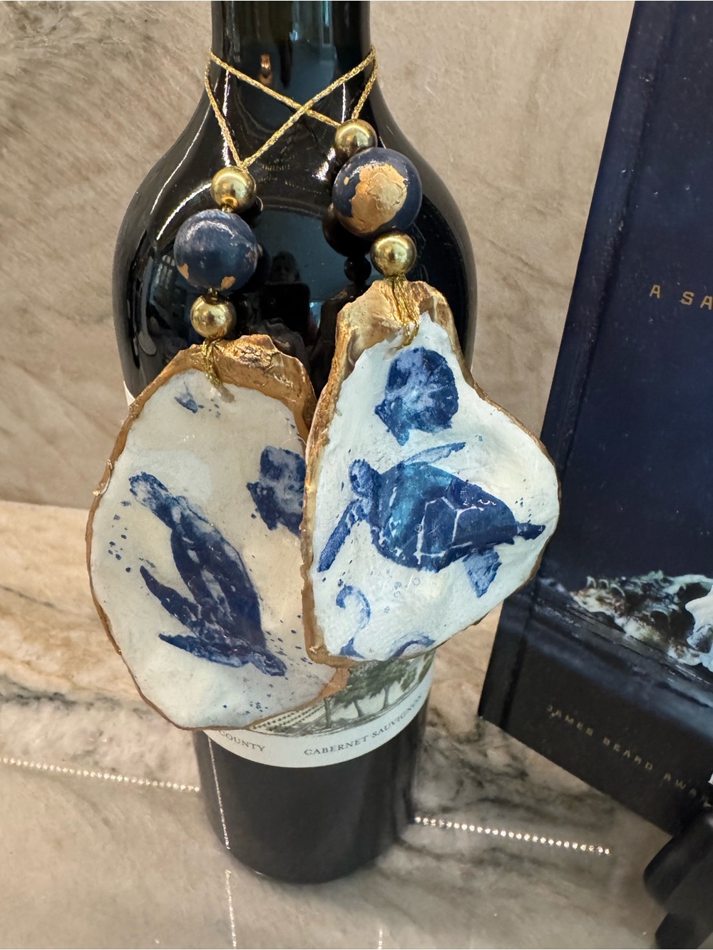 Blue & Gold Sea Turtle Oyster Shell Ornaments - Coastal Décor
